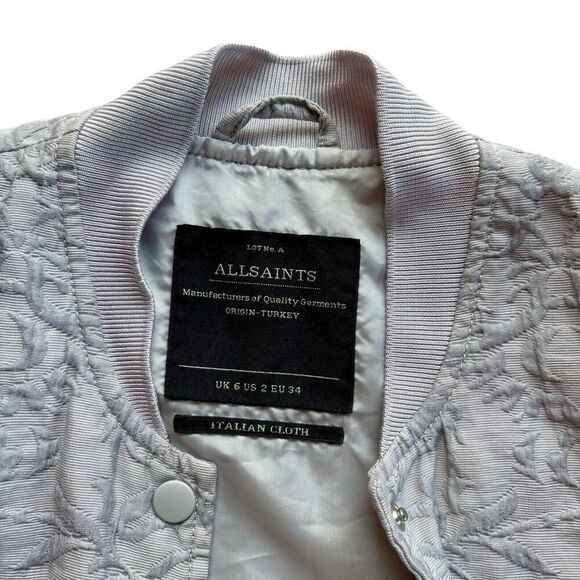 ALL SAINTS PAYTON Bomber Jacket Embossed Gray Snap Sz 2 lightweight Italian - Picture 3 of 11